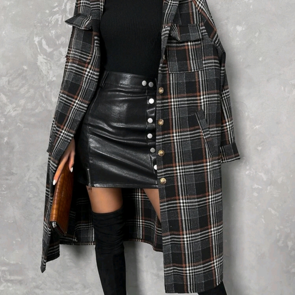 Plaid Print Flap Pocket Drop Shoulder Coat